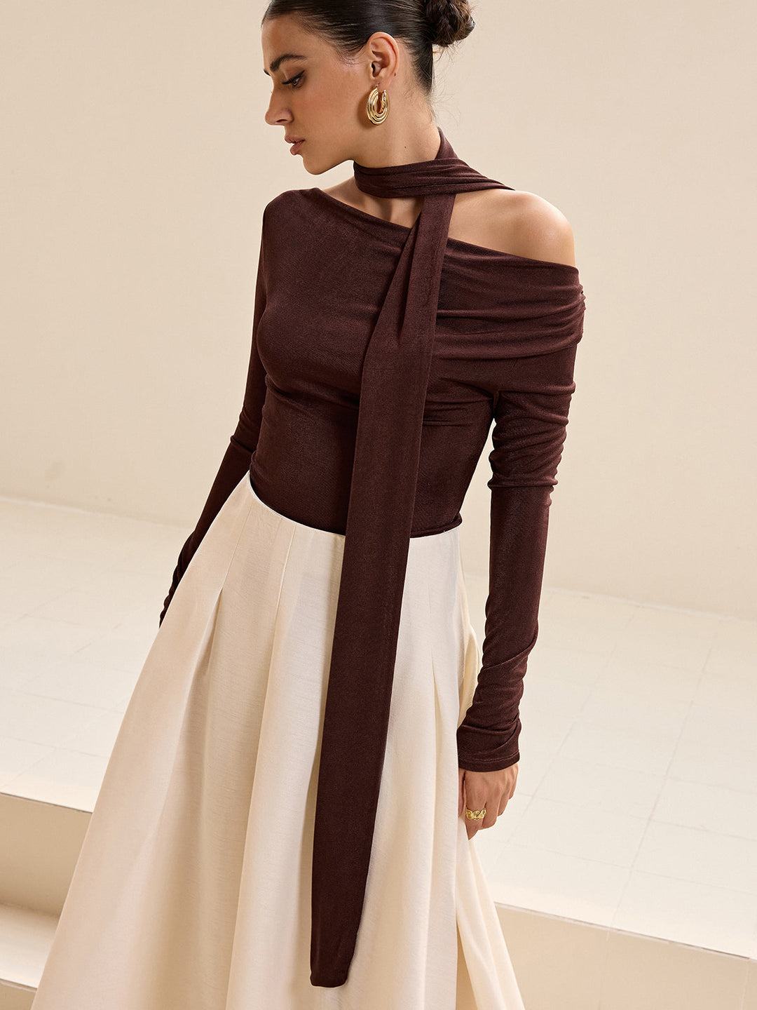 Asymmetric Neck Tie Detail Long-Sleeve T-Shirt