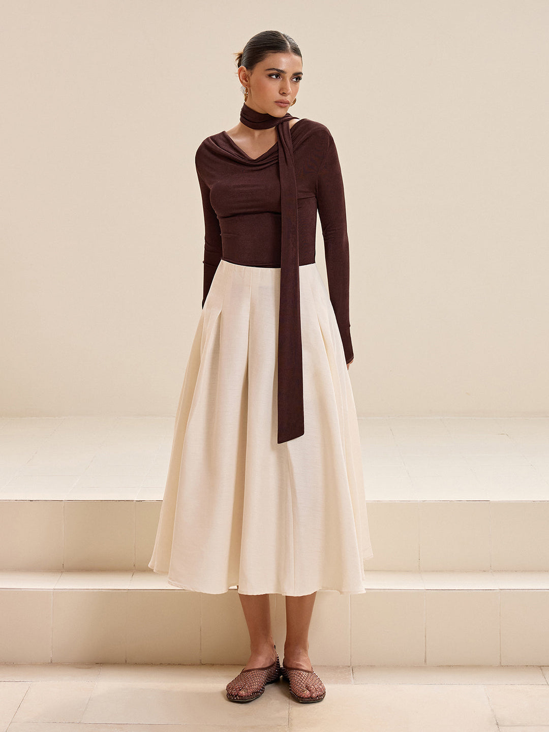 Asymmetric Neck Tie Detail Long-Sleeve T-Shirt