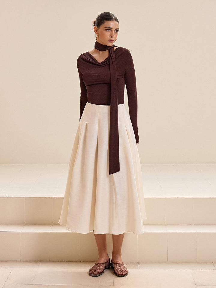 Asymmetric Neck Tie Detail Long-Sleeve T-Shirt