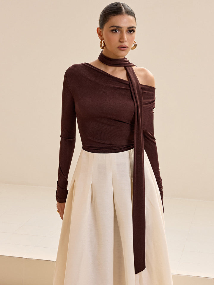 Asymmetric Neck Tie Detail Long-Sleeve T-Shirt