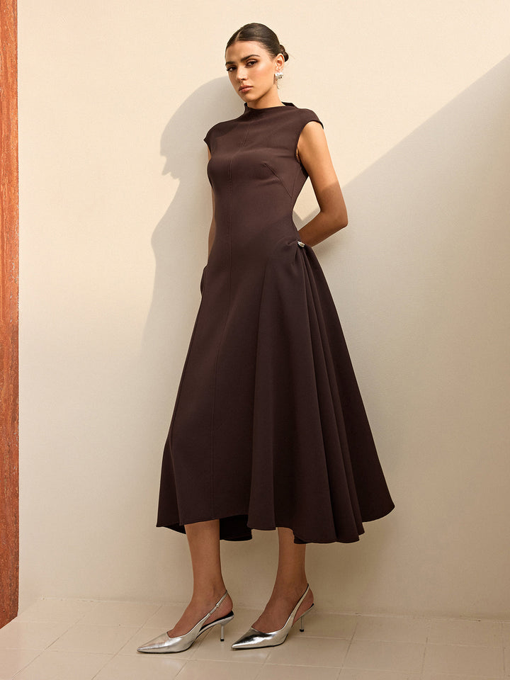 Asymmetrical Neck Cap Sleeve Maxi Dress