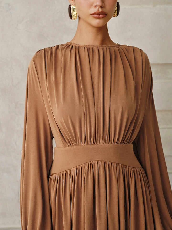 Long-Sleeve Pleated Asymmetric Midi Dress