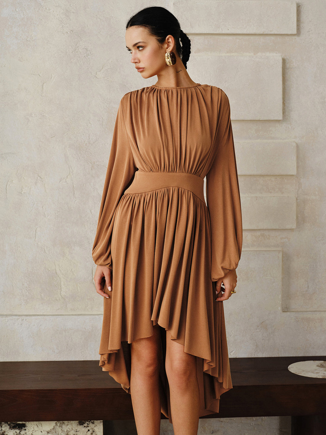 Long-Sleeve Pleated Asymmetric Midi Dress