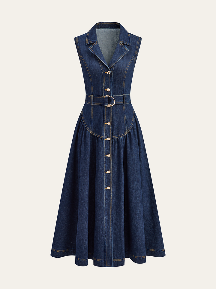 Metal Detail Denim Button-Front Belted Dress