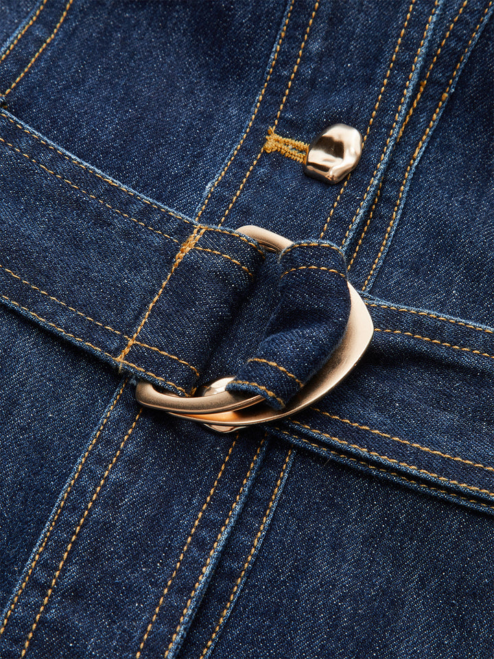 Metal Detail Denim Button-Front Belted Dress