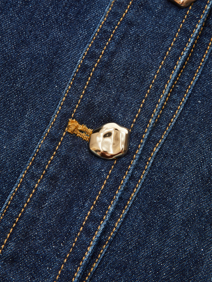 Metal Detail Denim Button-Front Belted Dress