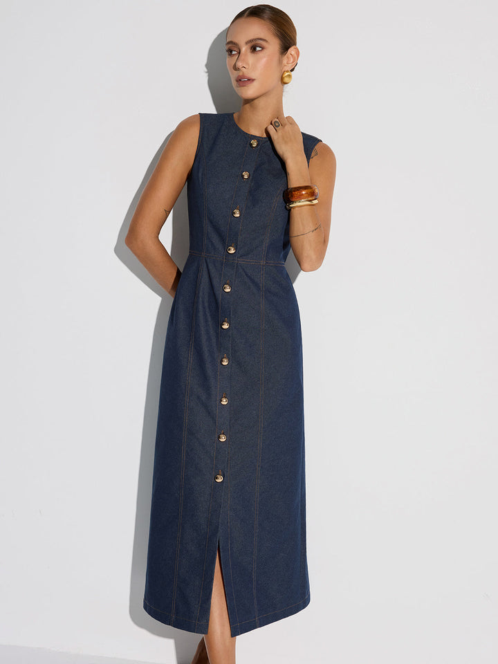 Button-Front Sleeveless Denim Maxi Dress