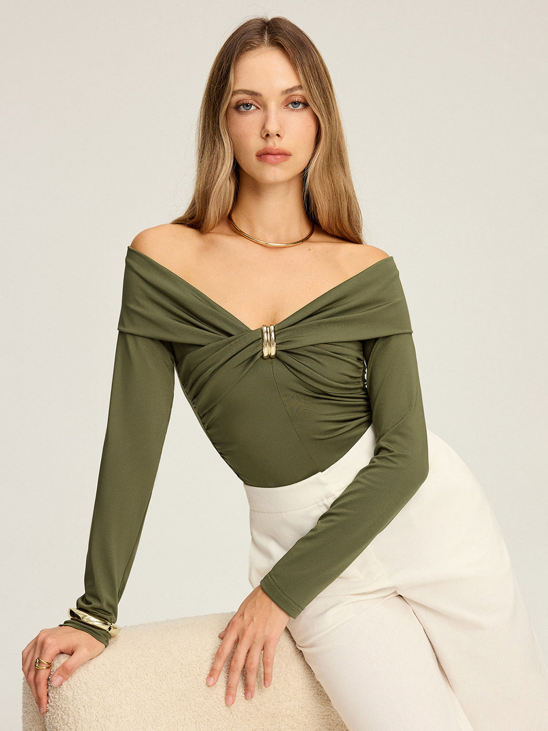 Metal Detail Off-Shoulder Long Sleeve Blouse