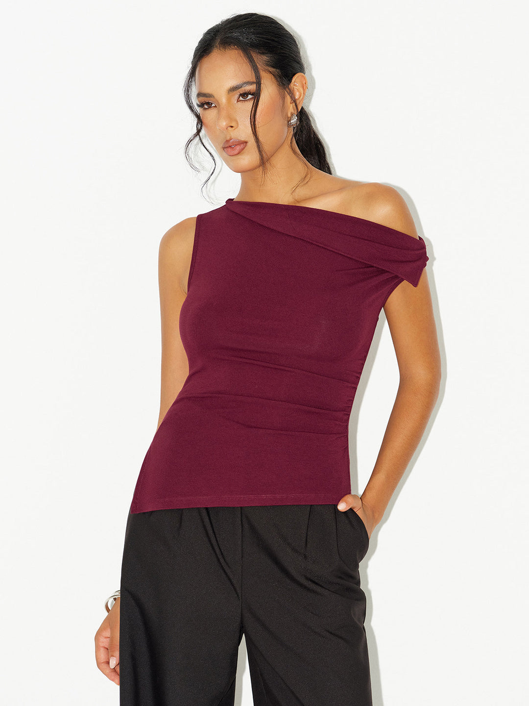 Asymmetric Off-Shoulder Ruched T-Shirt