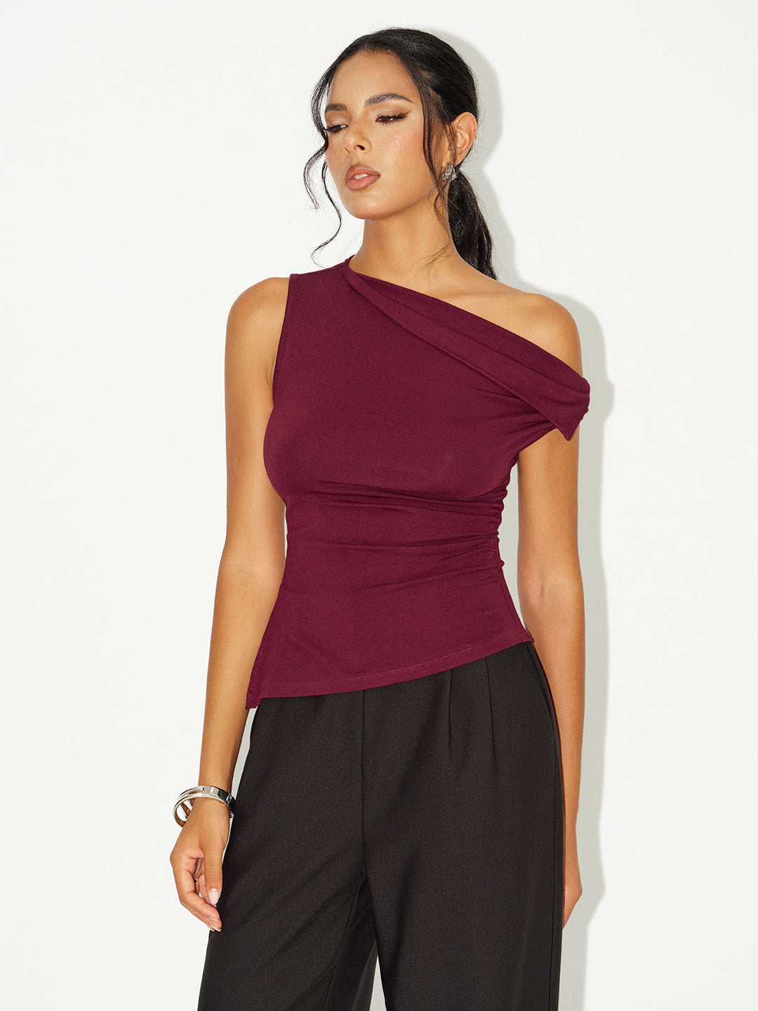 Asymmetric Off-Shoulder Ruched T-Shirt