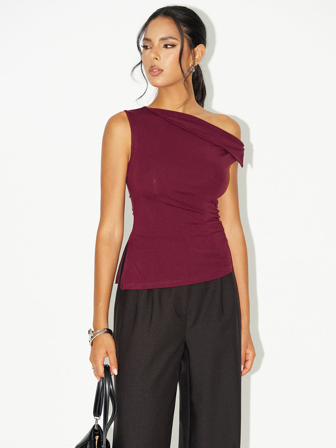 Asymmetric Off-Shoulder Ruched T-Shirt