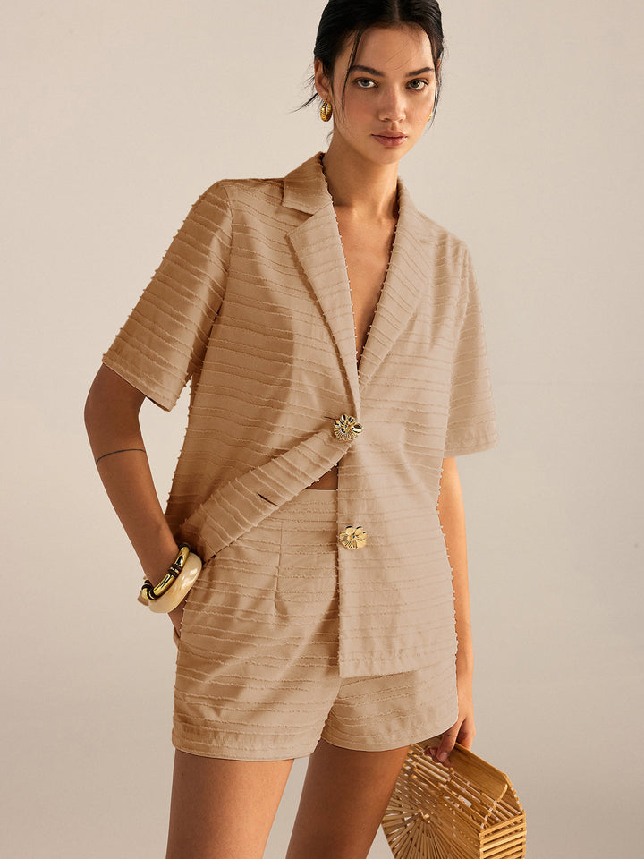 Textured Short-Sleeve Blazer and Shorts Set