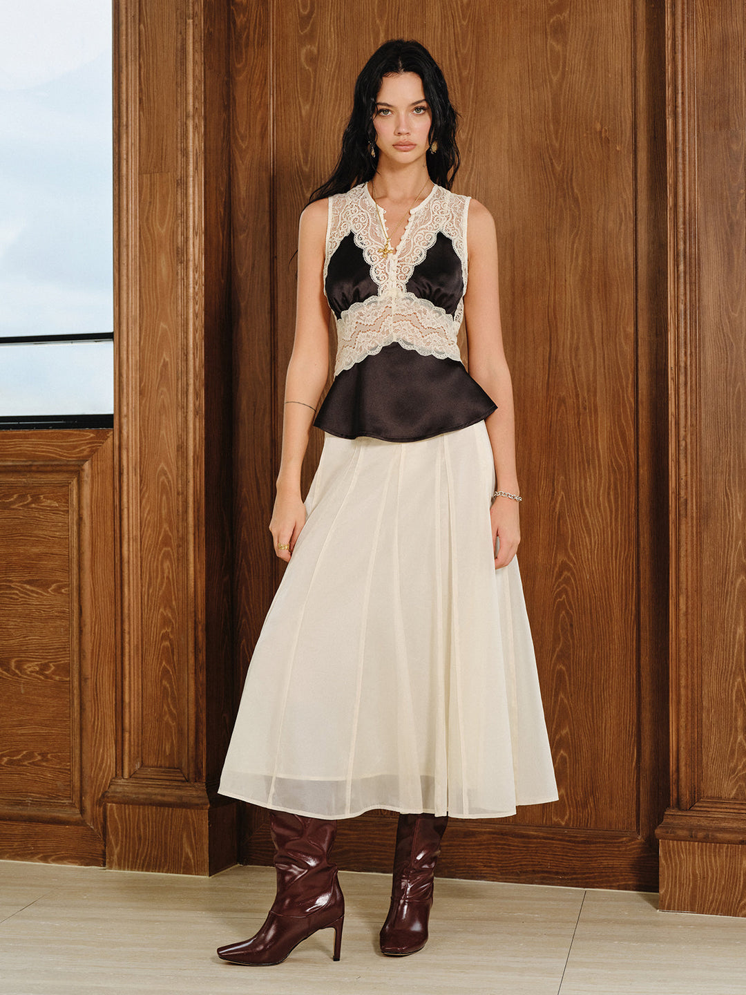 Semi-Sheer Chiffon Mid-Waist Maxi Skirt