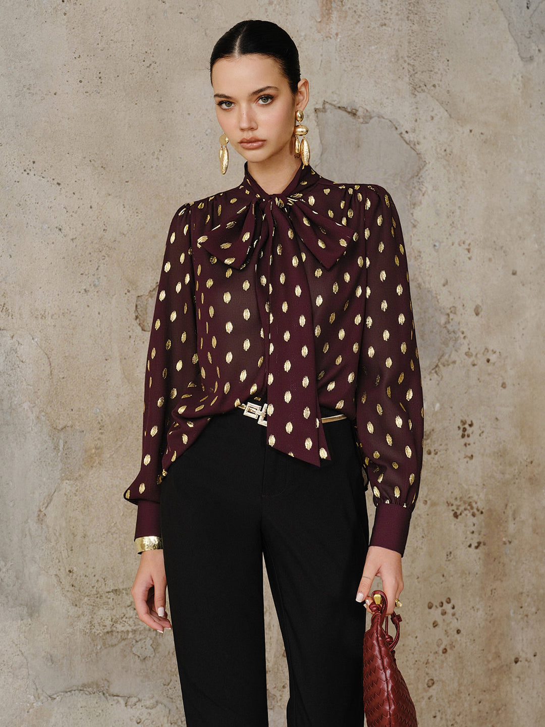 Polka Dot Bow Neckline Semi-Sheer Blouse