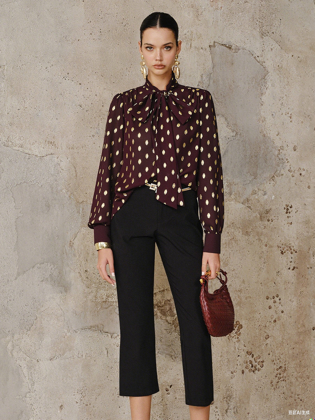 Polka Dot Bow Neckline Semi-Sheer Blouse