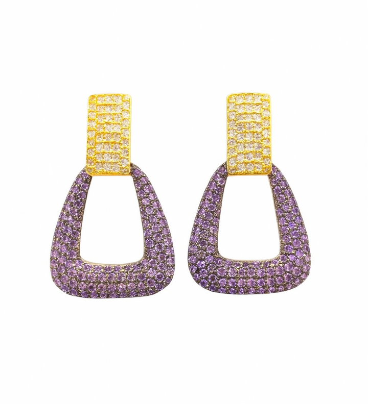 Gold-colored earrings with purple and yellow zirconias