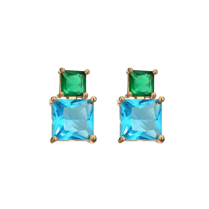 Gold-colored earrings with blue and green zirconias