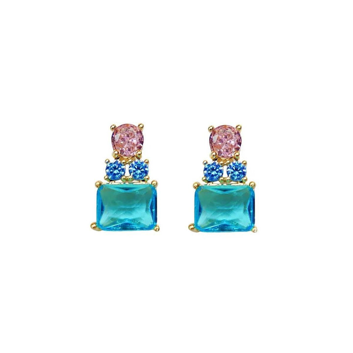 Gold-colored earrings with pink and blue zirconias