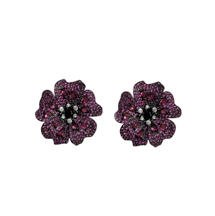 Flower stud earrings with dark pink and white zirconia