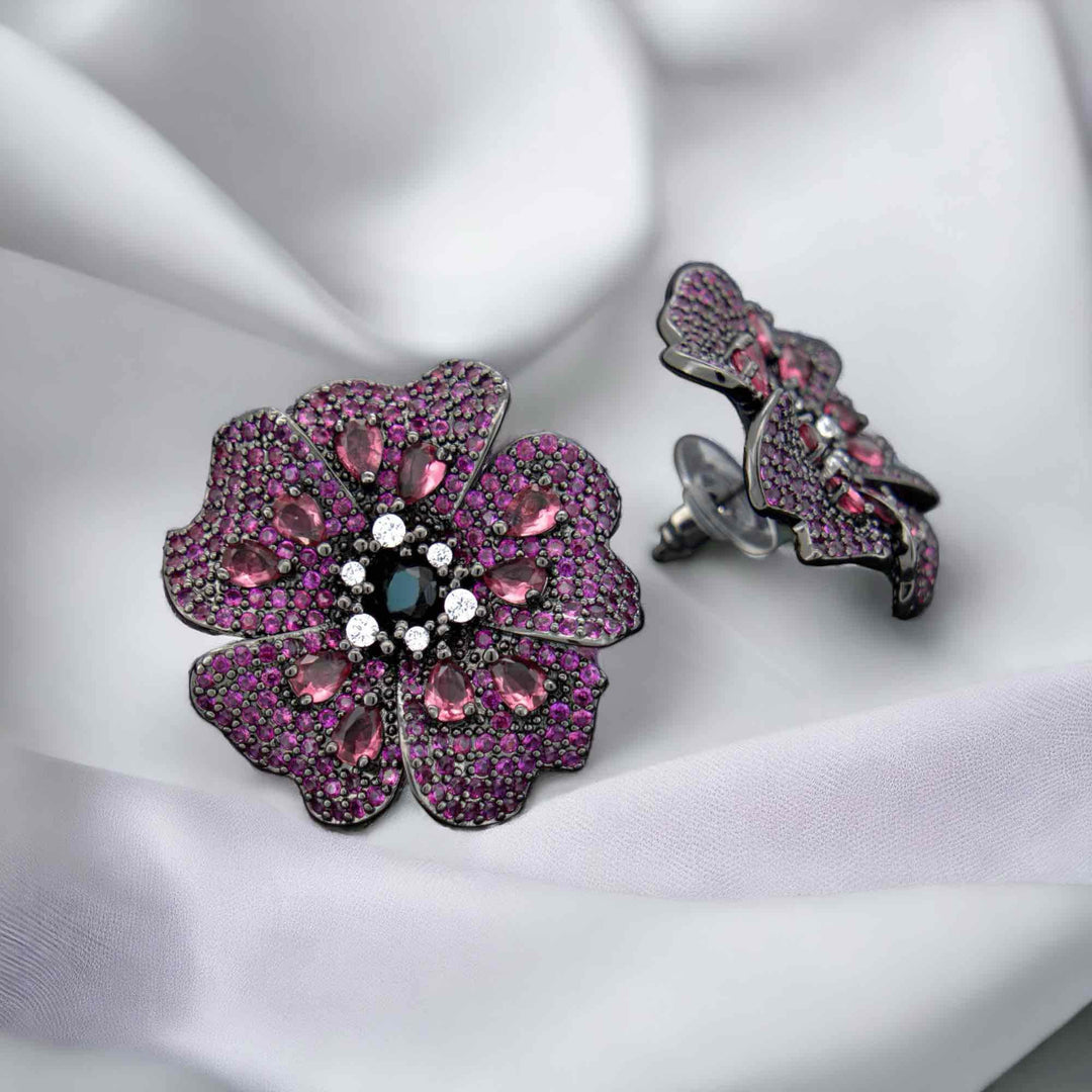 Flower stud earrings with dark pink and white zirconia
