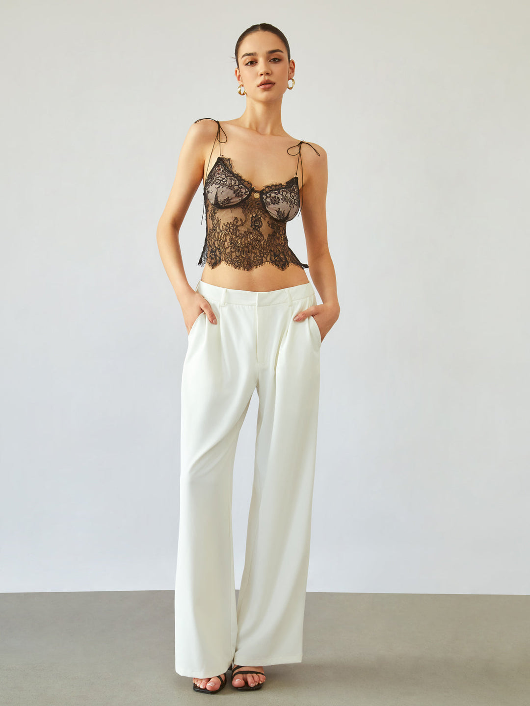 Sheer Tie Shoulder Floral Lace Cami Crop Top