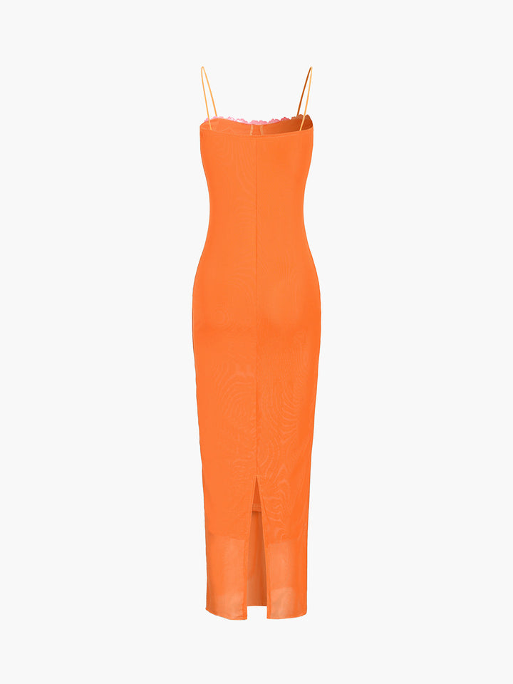 Semi-Sheer Mesh Lace Trim Long Dress