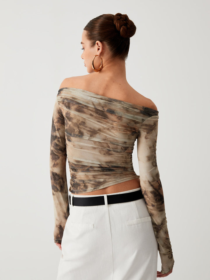 Semi-Sheer Tulle Mesh Off Shoulder Long Sleeve Crop Top