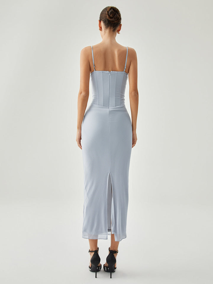 Ribbed Draped Slit Mesh Tank Long Dress