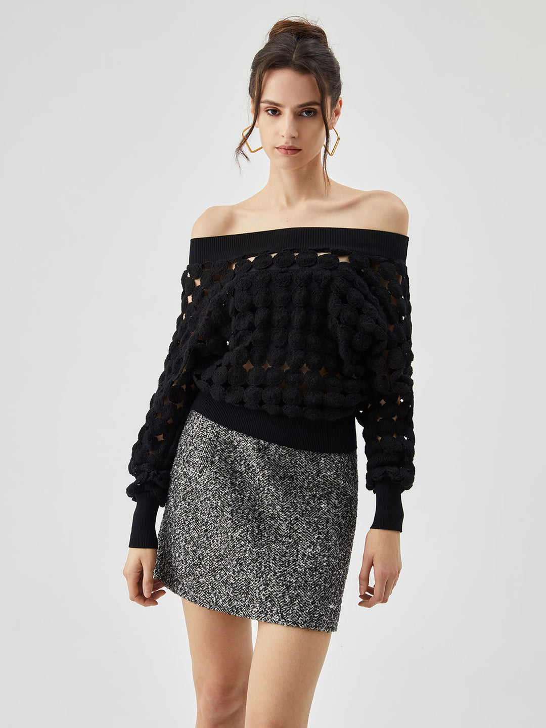 Sheer Crocheted Circle Hollow Off Shoulder T-Shirt