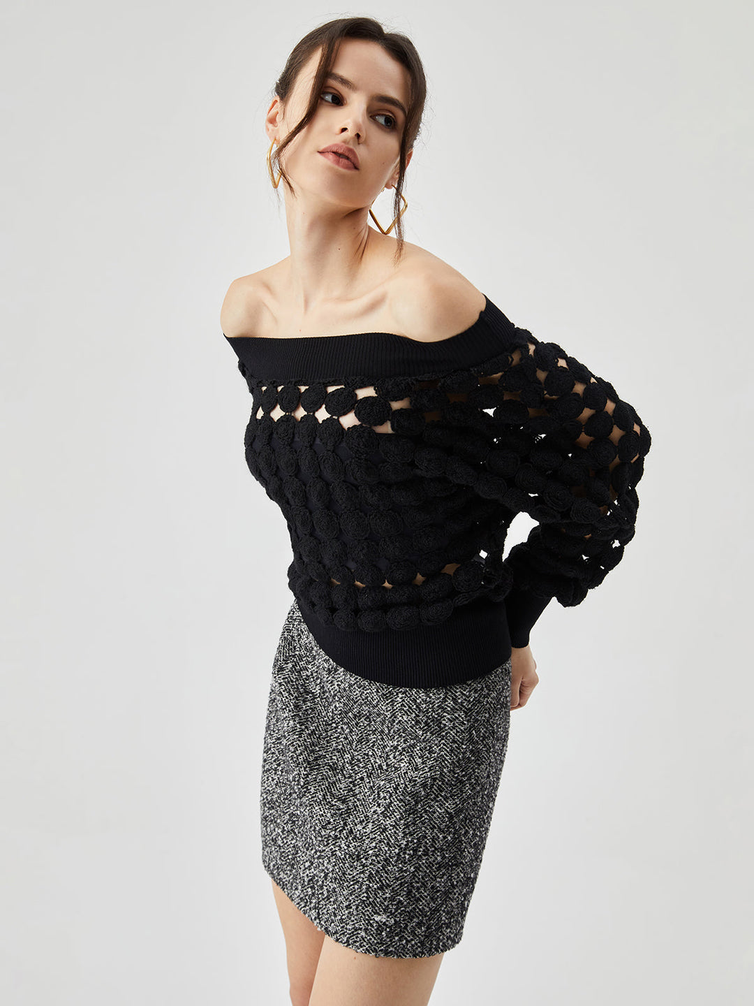 Sheer Crocheted Circle Hollow Off Shoulder T-Shirt