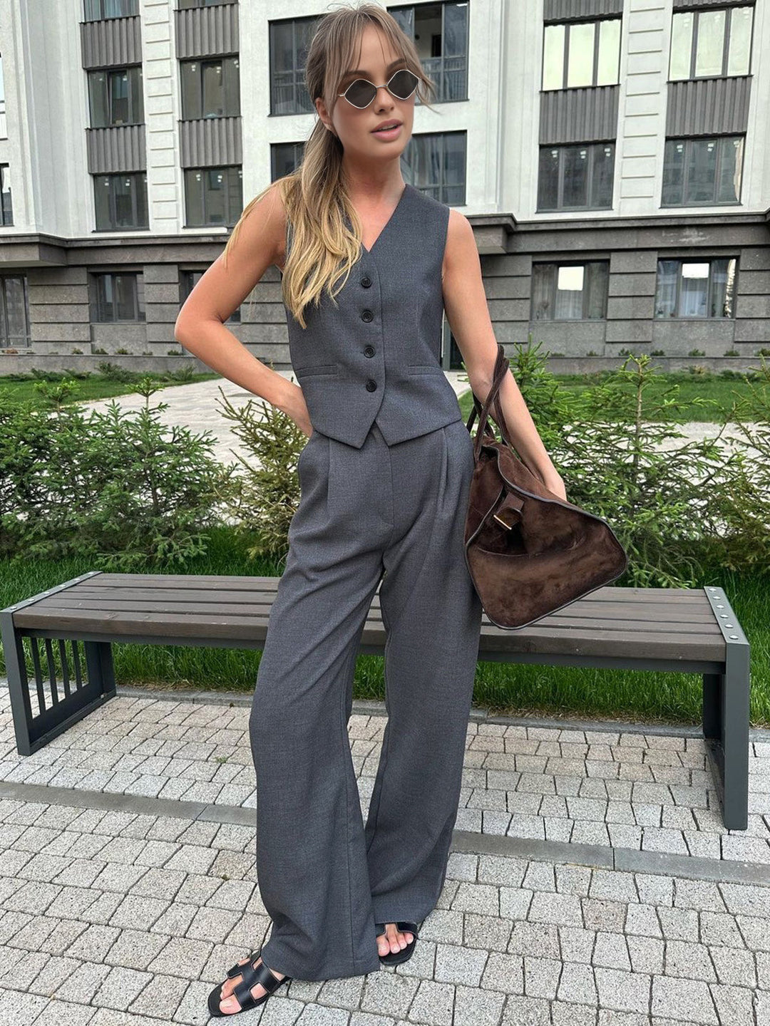 Solid Structured Suit Two Piece Set