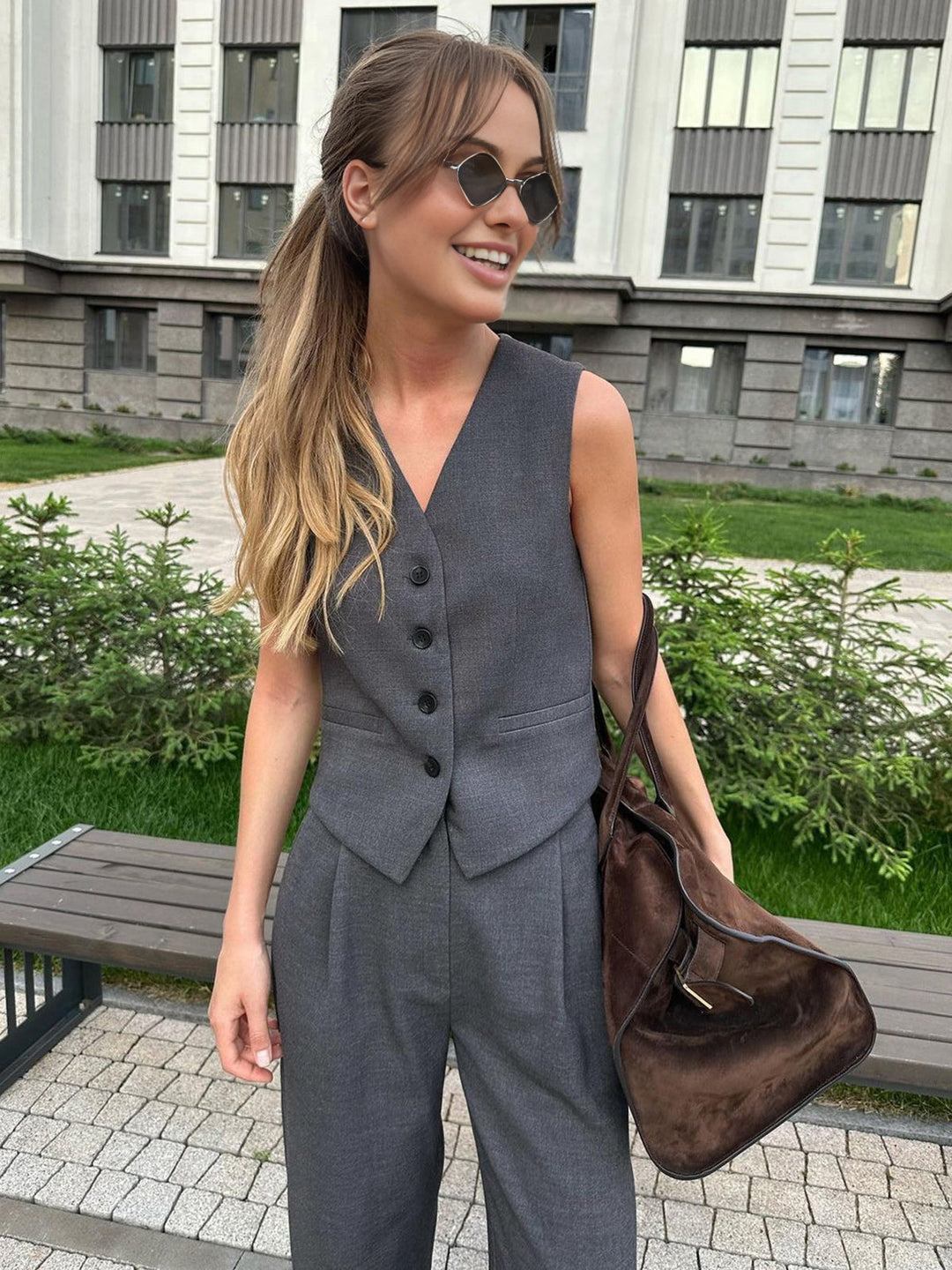 Solid Structured Suit Two Piece Set