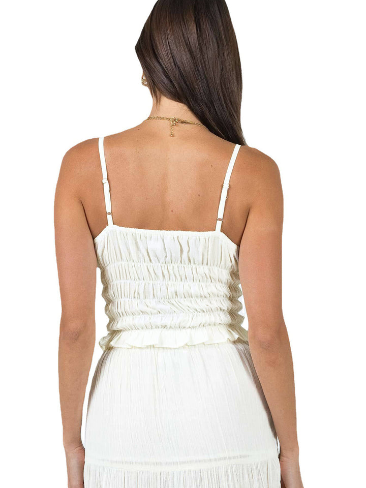 Semi-Sheer Chiffon Lettuce Trim Tie-Front Cami Top