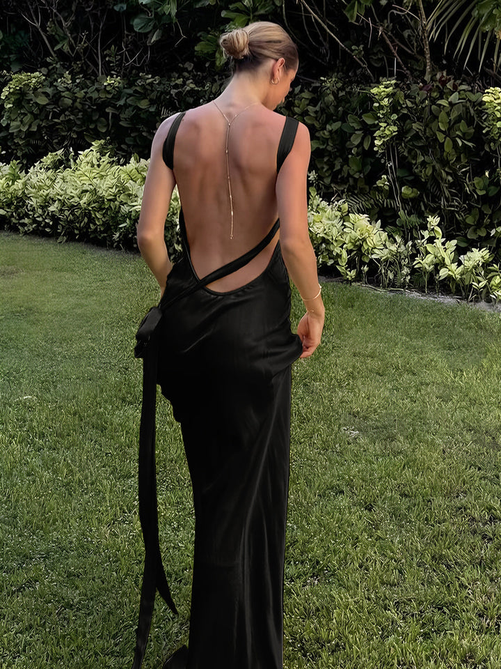 Semi-Sheer Satin Asymmetrical One Shoulder Long Dress