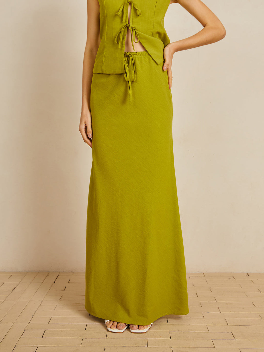 Cotton V-Neck Tie Front Skirt Set