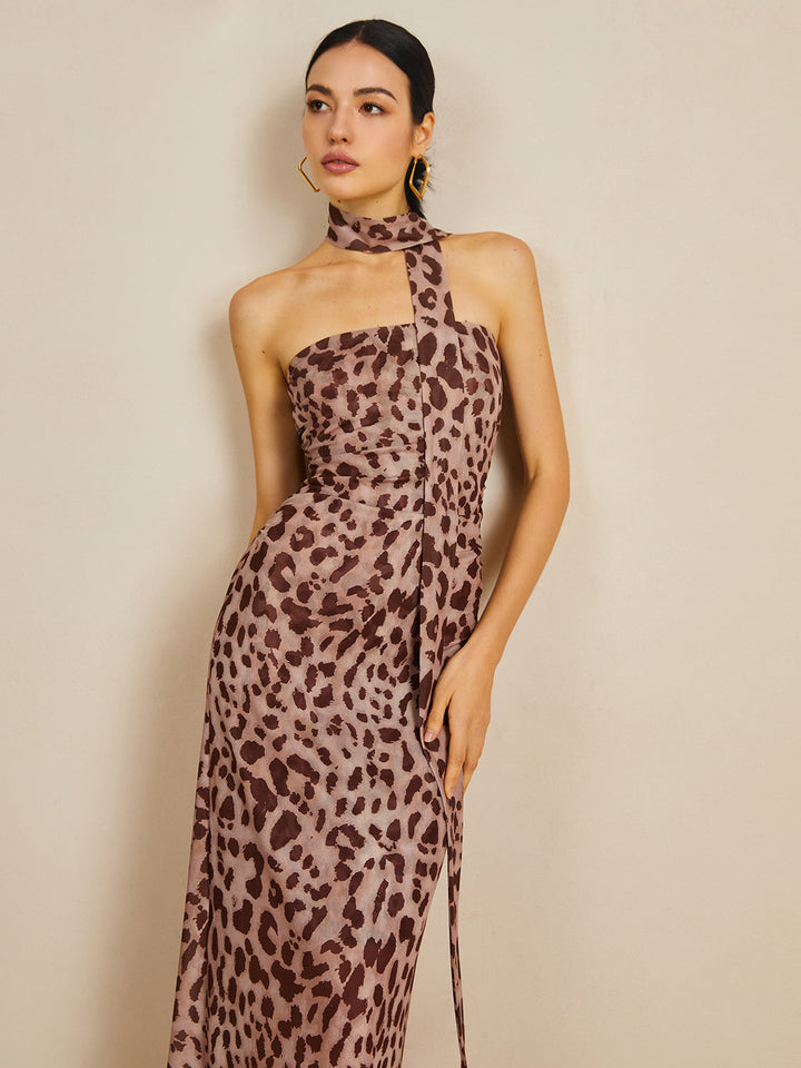 Leopard Print Mesh Halter Midi Dress
