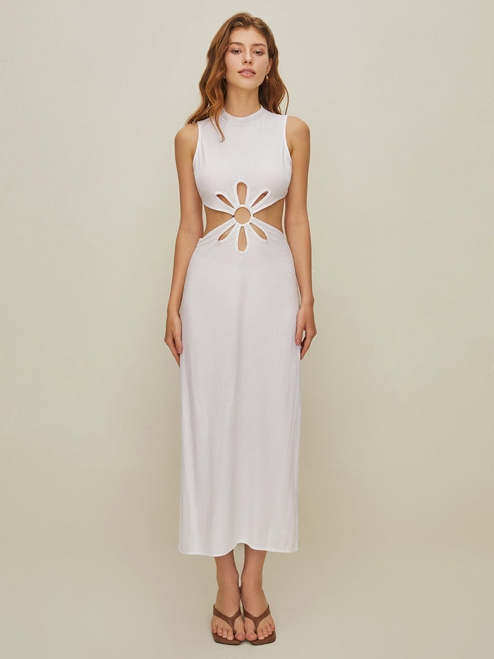 Semi-Sheer Mock Neck Cutout Backless Dress