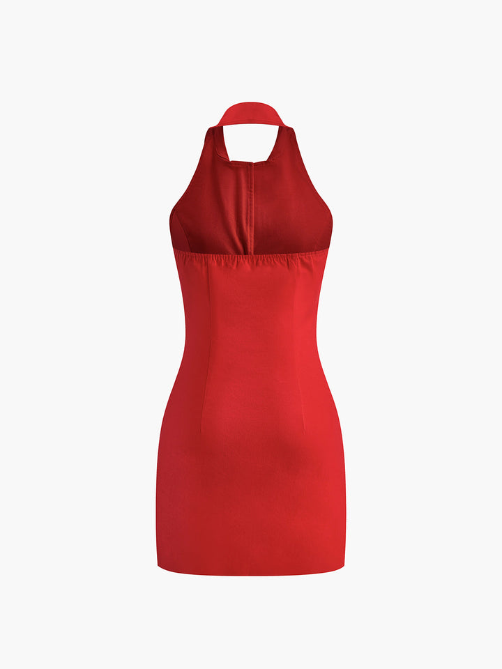 Button Front Backless Halter Dress