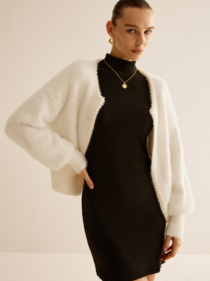 Oversized  Pearl Trim Fuzzy Cardiagn
