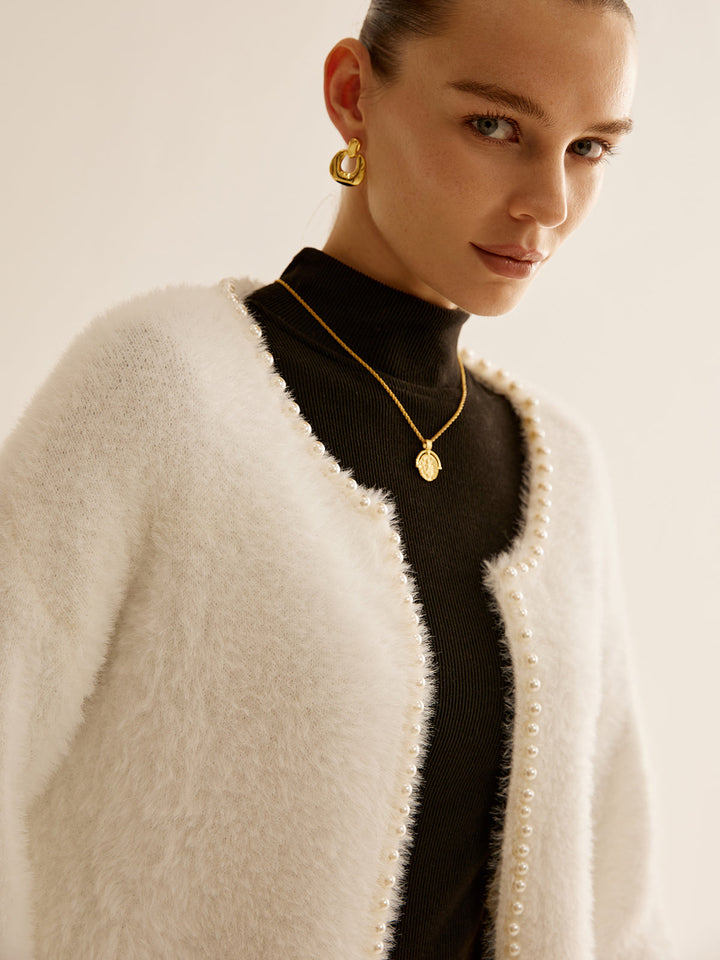 Oversized  Pearl Trim Fuzzy Cardiagn