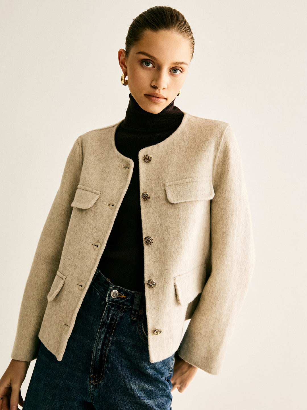 Wool-Blend Crew Neck Jacket