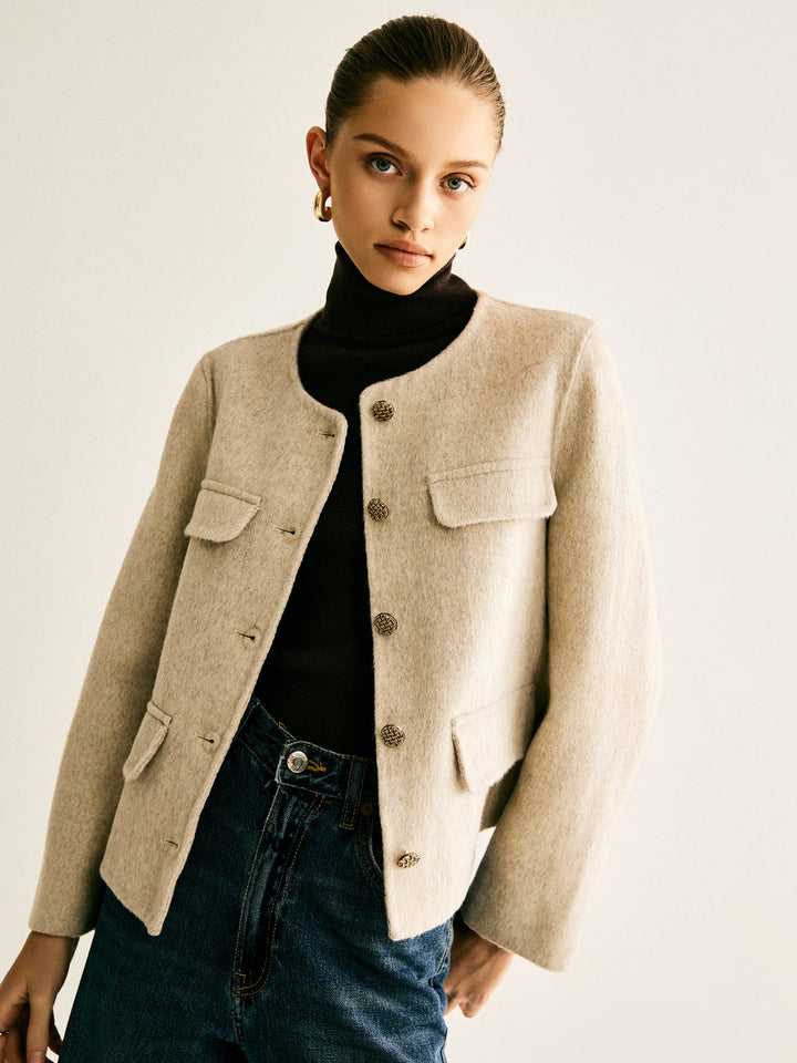 Wool-Blend Crew Neck Jacket