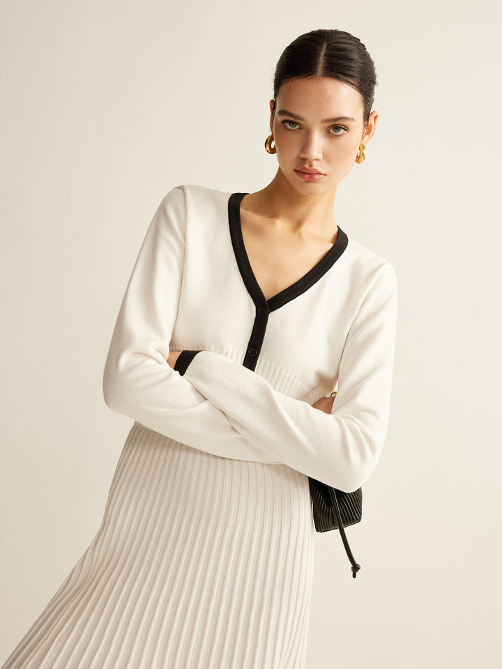 Contrast Trim Pleated Knit Skirt Set