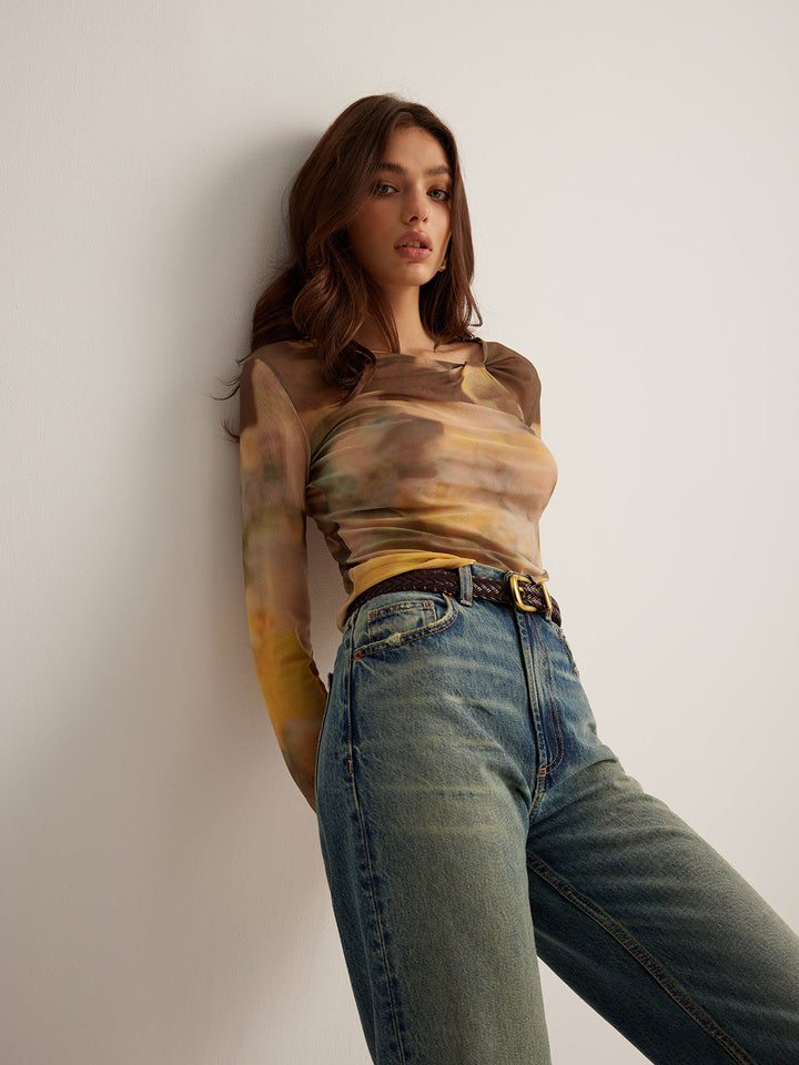 Semi-Sheer  Dye Printed Mesh T-Shirt