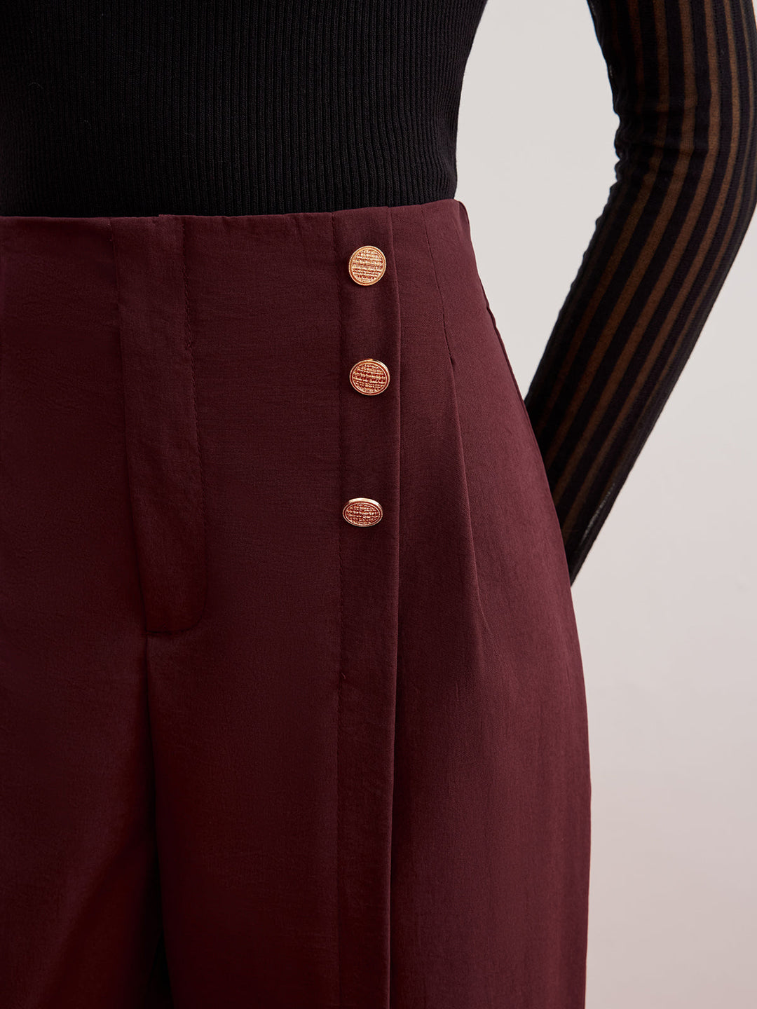 Button Decor Split Wide-Leg Pants