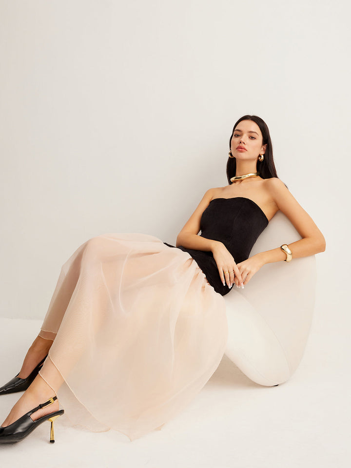 Semi-Sheer Velvet Panel Mesh Tube Dress