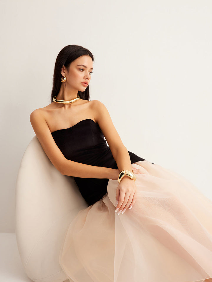 Semi-Sheer Velvet Panel Mesh Tube Dress