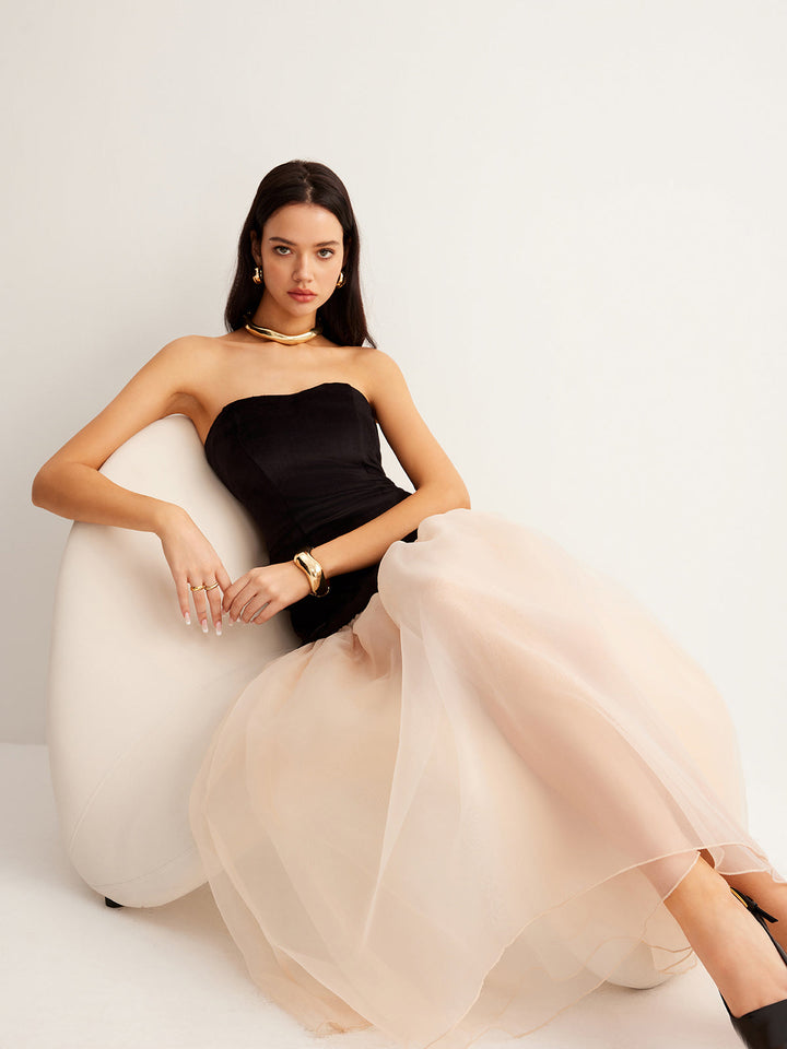 Semi-Sheer Velvet Panel Mesh Tube Dress