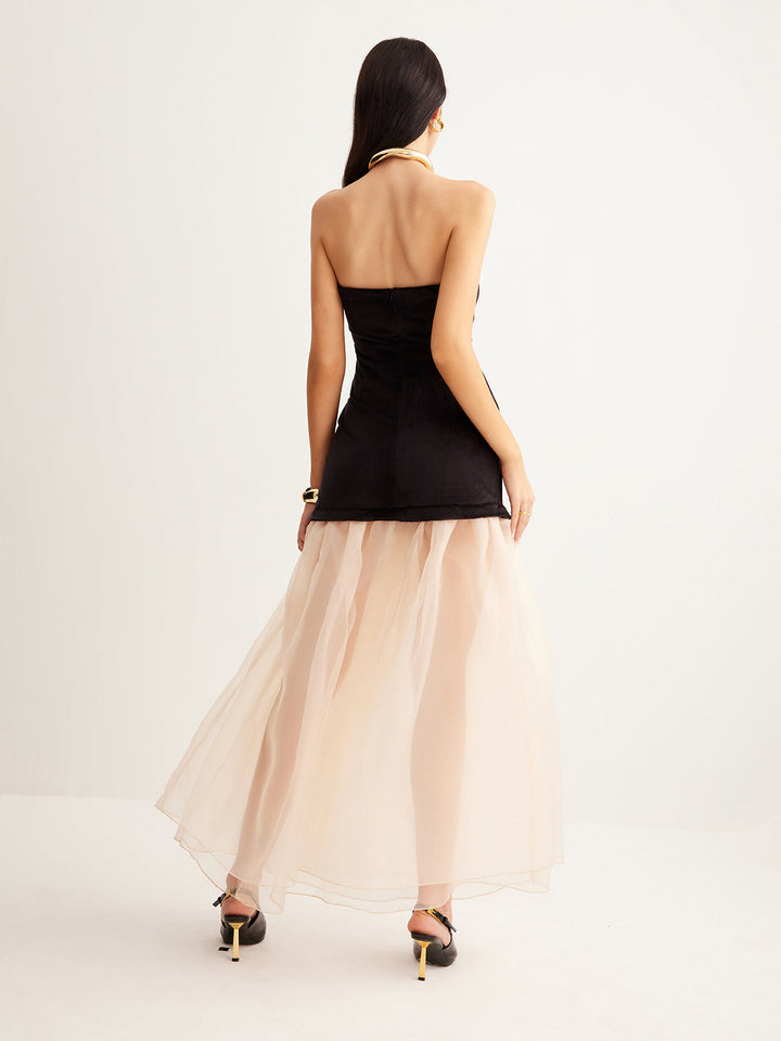 Semi-Sheer Velvet Panel Mesh Tube Dress