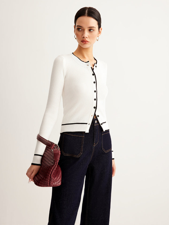 Contrast Binding Ribbed Button Cardigan